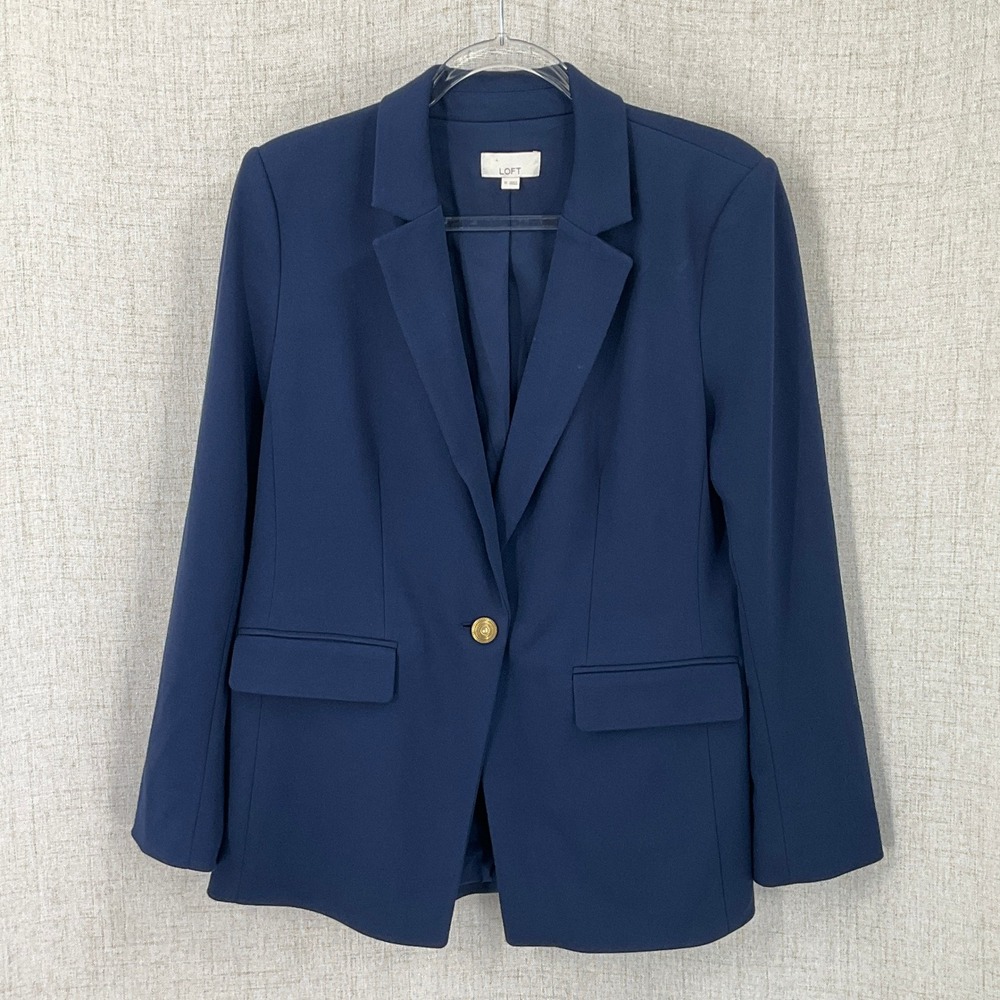 LOFT Blazer Womens 10 Navy Gold Crest Button Classic Minimalist Preppy Timeless